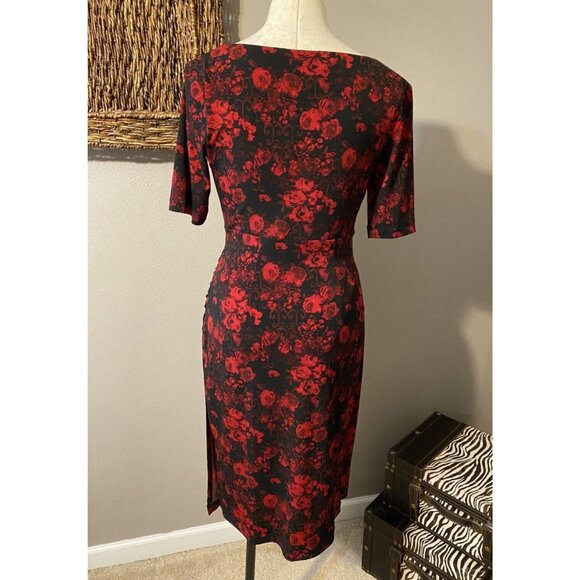 Connected Dress 6 Red Black Short Sleeve Stretch Sheath Washable Career Church - Picture 3 of 6